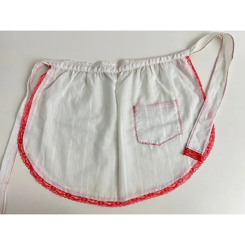 Vintage White Half Apron Red Lace Trim Pocket‎ Retro Hosting Kitchenette
